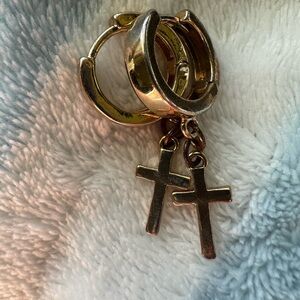 Gold Cross Dangle Hoop Earrings